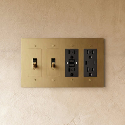 Custom brass light switch by Residence Supply, showing a build-your-own electrical switch with brass finish and detailed components.