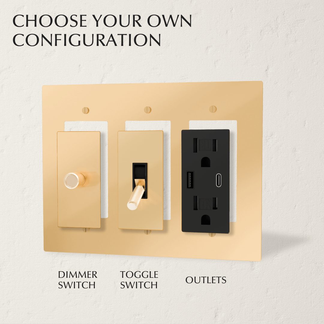 Custom brass light switch by Residence Supply, showcasing a build-your-own design with polished brass finish and toggle mechanism.