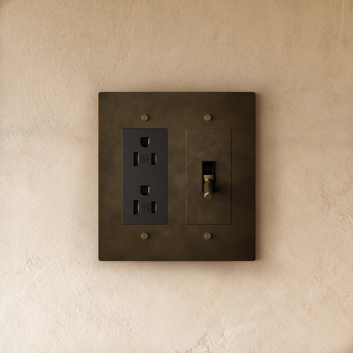 Custom brass light switch by Residence Supply, showing a close-up of the ornate brass switch with engraved details.