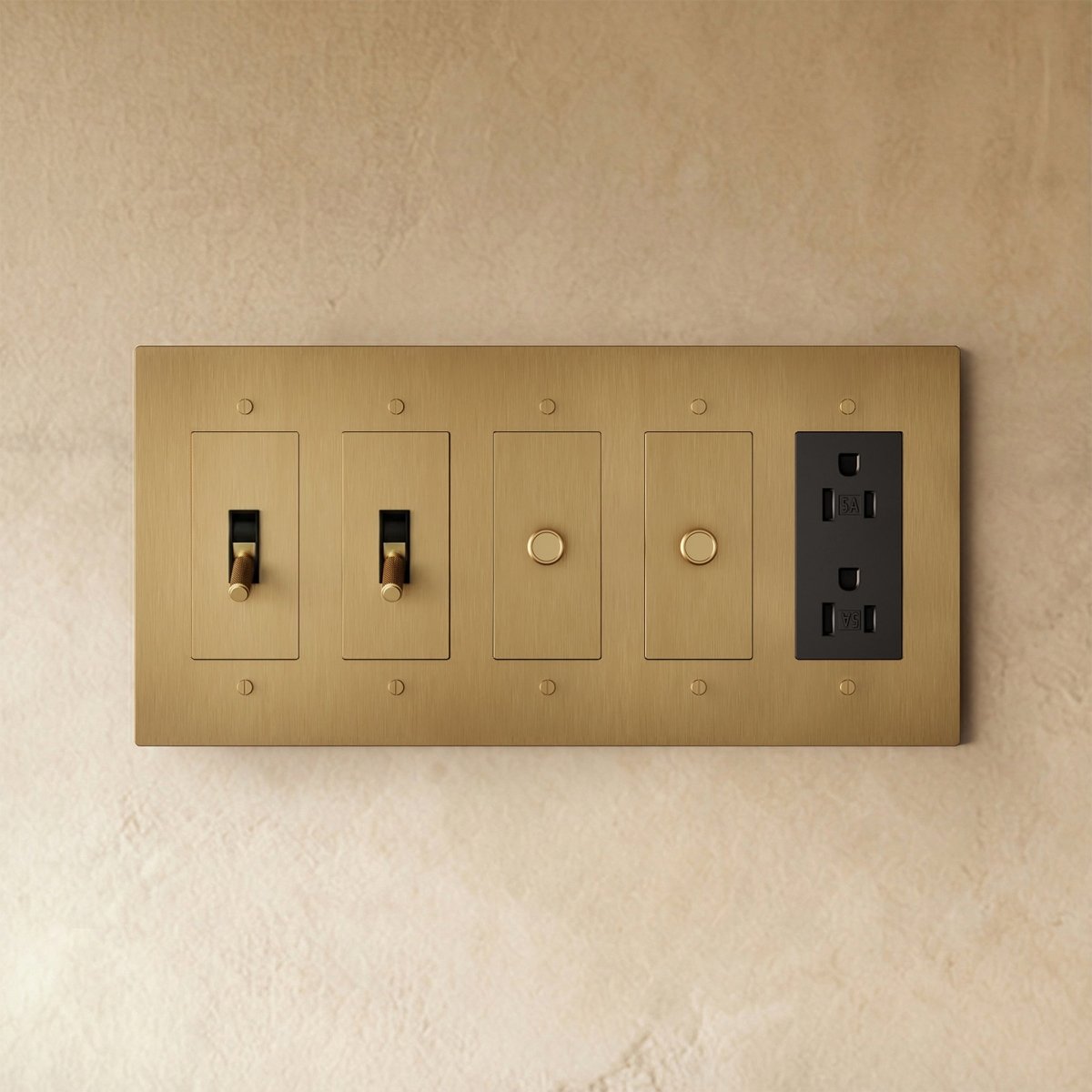 Custom brass light switch from Residence Supply with build-your-own design, featuring a polished brass finish and modern toggle style.