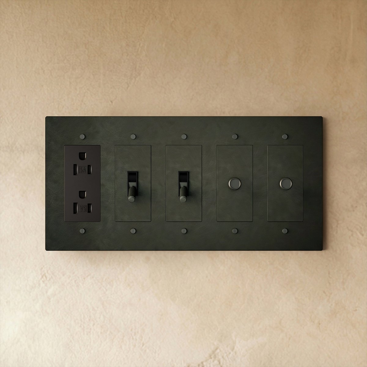 Custom brass light switch by Residence Supply with vintage-style toggle and brass finish for a customizable lighting control.