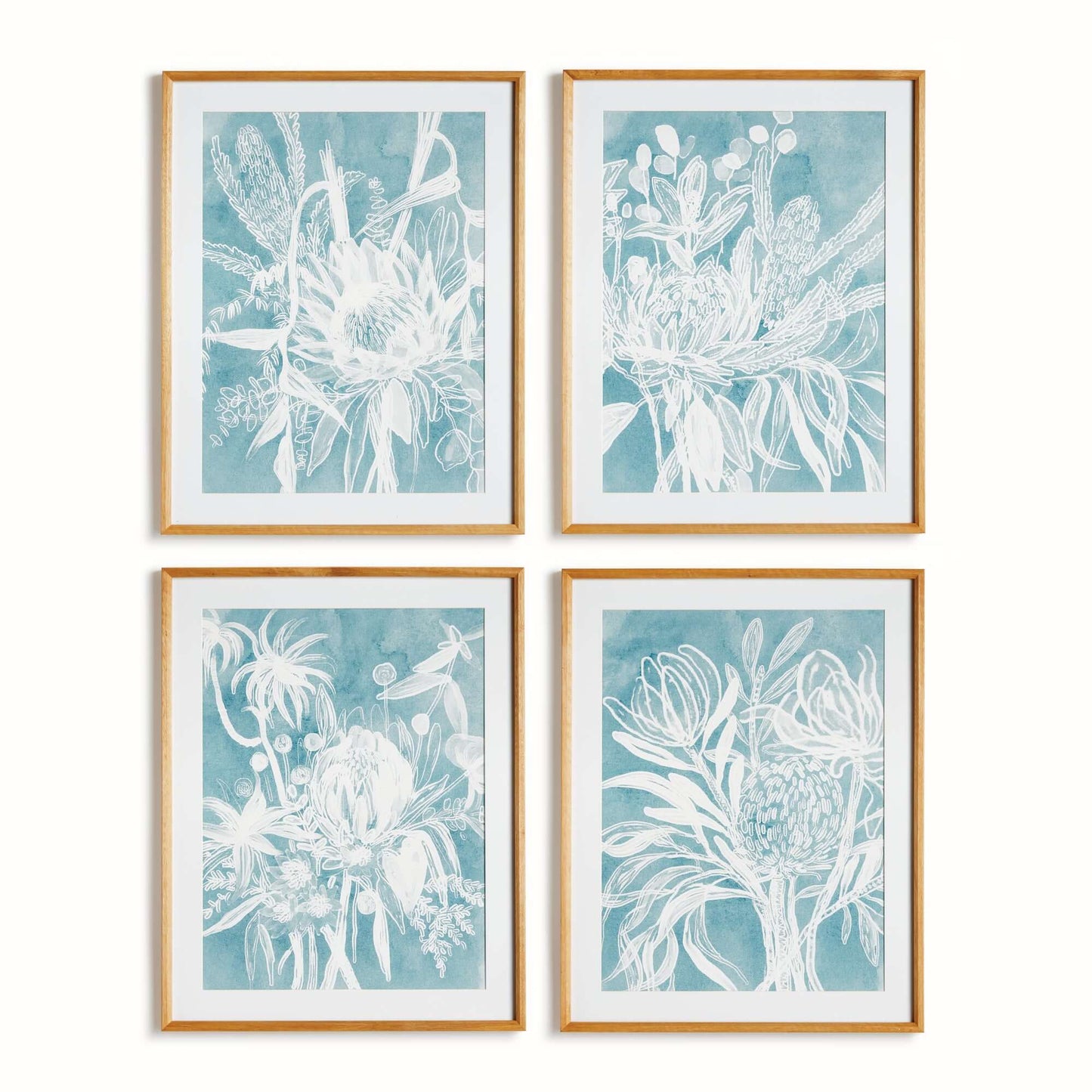 Cyanotype-Inspired Protea Wall Art with Wood Frames (Set of 4) - Nuvé