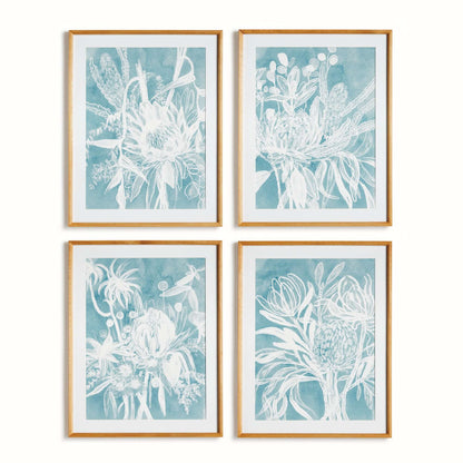 Cyanotype-Inspired Protea Wall Art with Wood Frames (Set of 4) - Nuvé