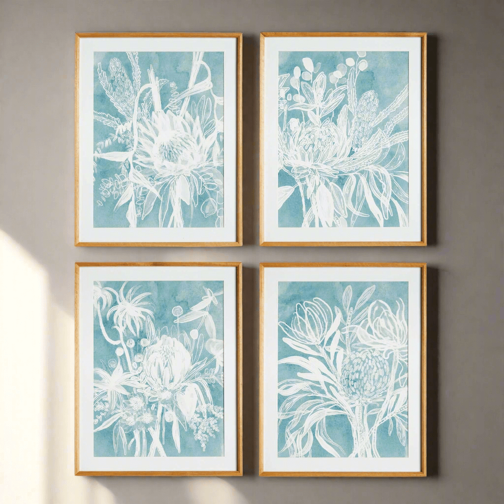 Cyanotype-Inspired Protea Wall Art with Wood Frames (Set of 4) - Nuvé