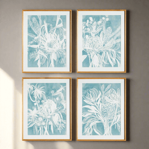Cyanotype-Inspired Protea Wall Art with Wood Frames (Set of 4) - Nuvé
