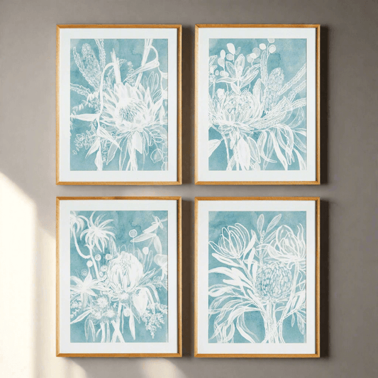 Cyanotype-Inspired Protea Wall Art with Wood Frames (Set of 4) - Nuvé