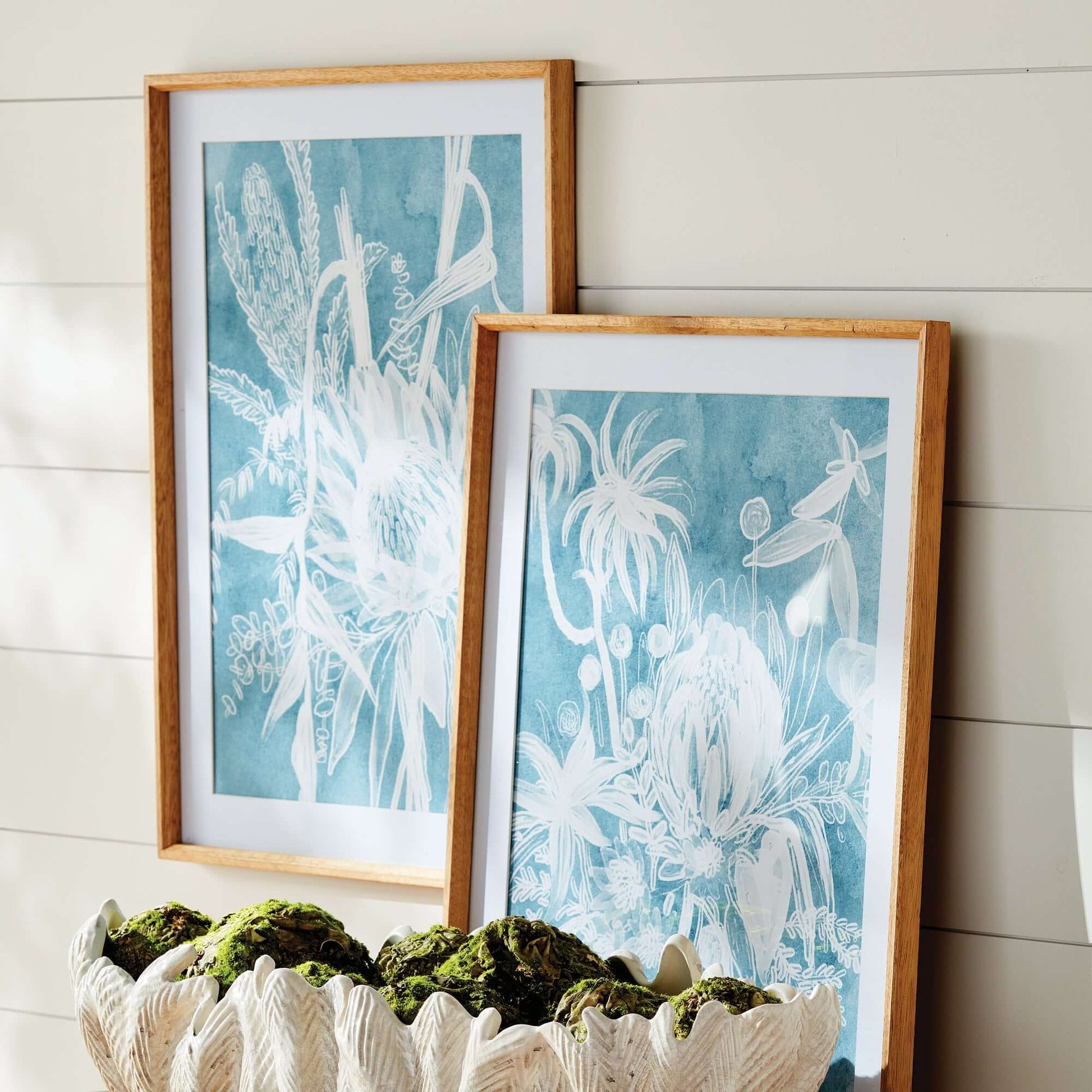 Cyanotype-Inspired Protea Wall Art with Wood Frames (Set of 4) - Nuvé