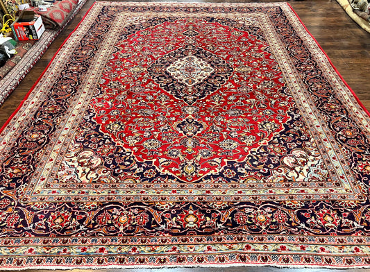 Persian Kashan Rug 10x13, Floral Medallion, Traditional Area Rug, Red Navy Blue Ivory, Handmade Semi Antique Vintage Wool Oriental Carpet 10 x 13 - Nuvé