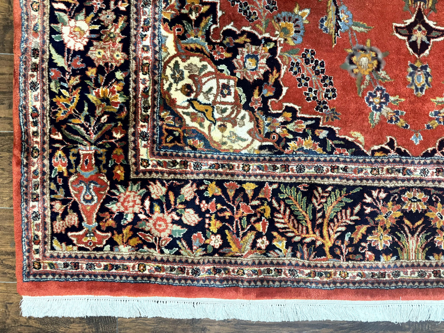 Indo Persian Rug 7x10, Vintage Handmade Wool Carpet, Floral Medallion Traditional Rug, Red and Midnight Blue - Nuvé
