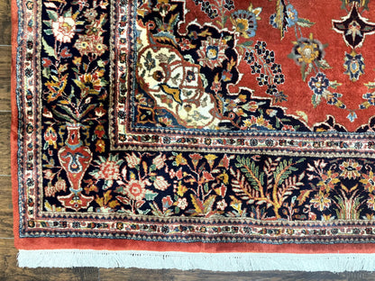 Indo Persian Rug 7x10, Vintage Handmade Wool Carpet, Floral Medallion Traditional Rug, Red and Midnight Blue - Nuvé
