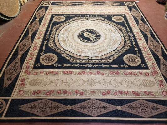 8x10 Woolen Needlepoint Rug Black European Savonnerie Carpet Circles Flat Weave Carpet Area Rug New Handmade Hand-Knotted Harp Flowers - Nuvé