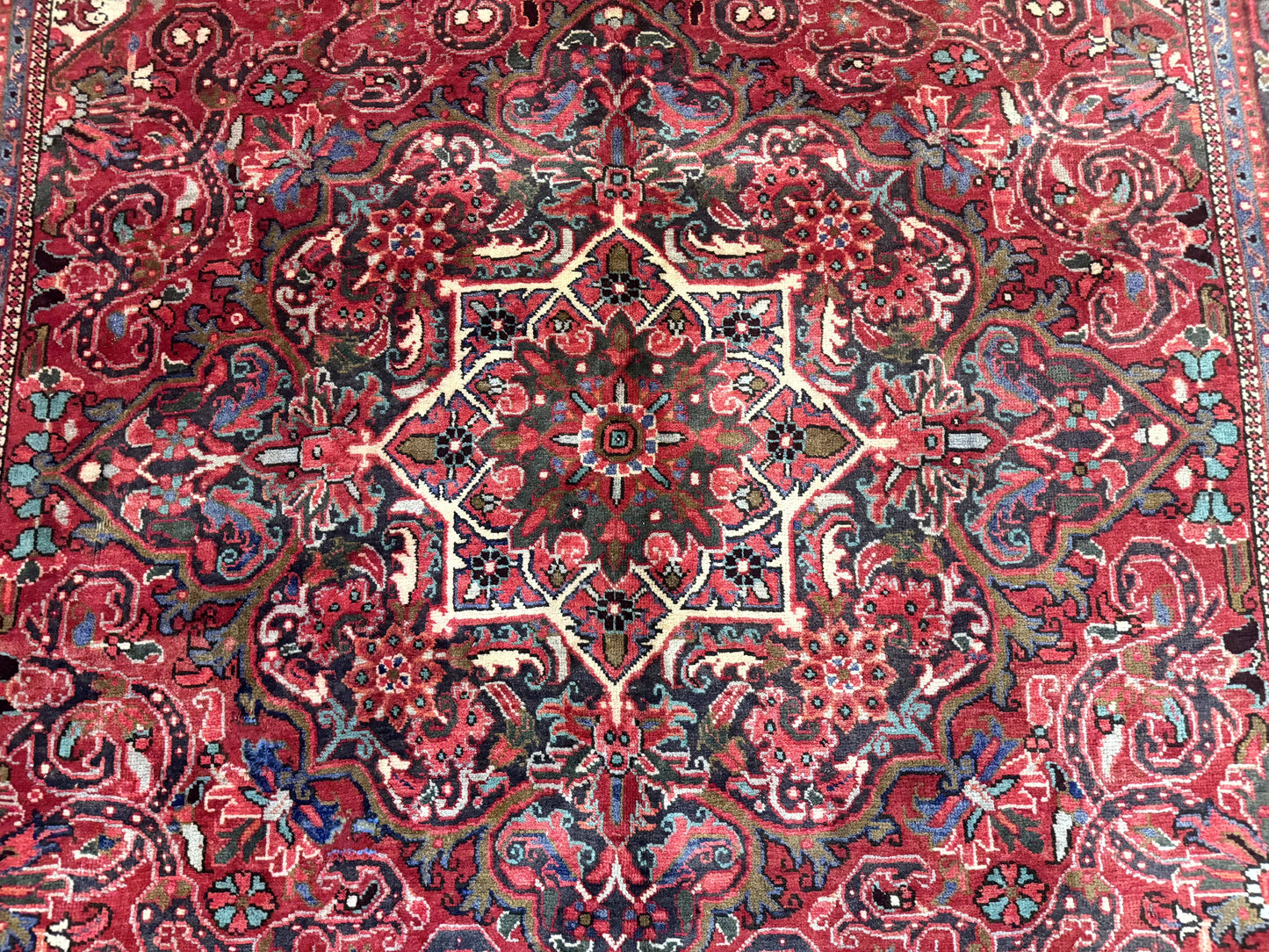 Persian Heriz Rug 7x10, Red and Navy, Geometric Medallion, Vintage Wool Carpet - Nuvé
