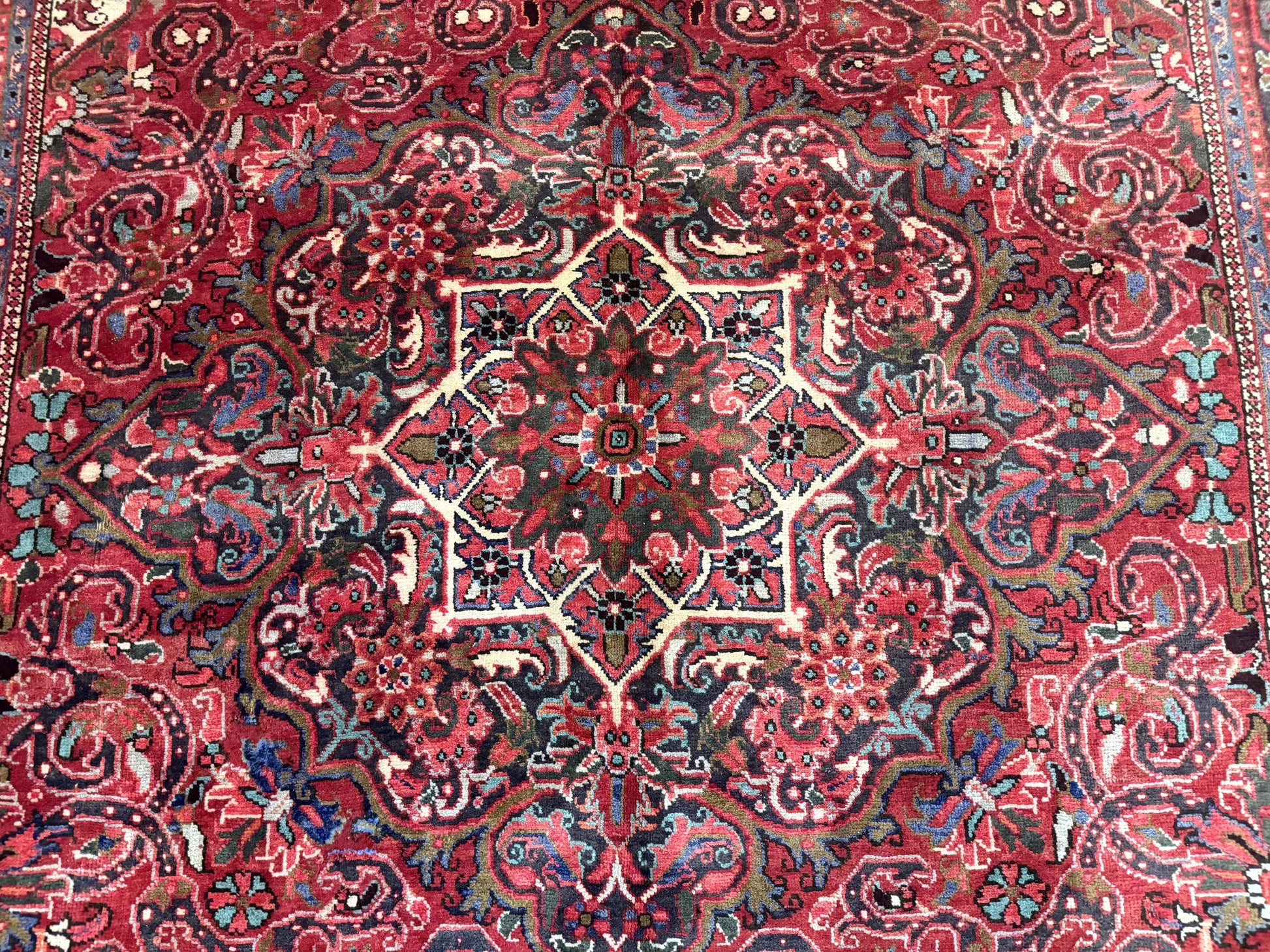 Persian Heriz Rug 7x10, Red and Navy, Geometric Medallion, Vintage Wool Carpet - Nuvé