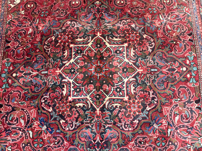 Persian Heriz Rug 7x10, Red and Navy, Geometric Medallion, Vintage Wool Carpet - Nuvé