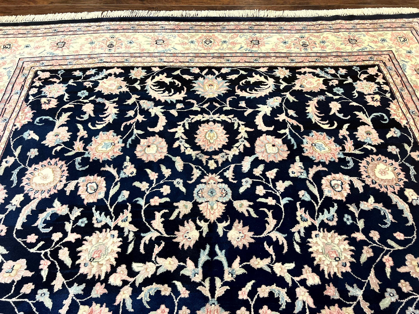 Indo Persian Rug 9x12, Navy Blue and Ivory/Cream, Floral Allover, Wool Vintage Handmade Carpet - Nuvé