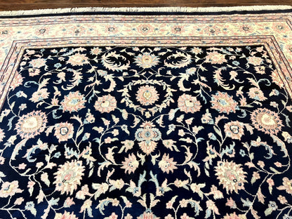 Indo Persian Rug 9x12, Navy Blue and Ivory/Cream, Floral Allover, Wool Vintage Handmade Carpet - Nuvé