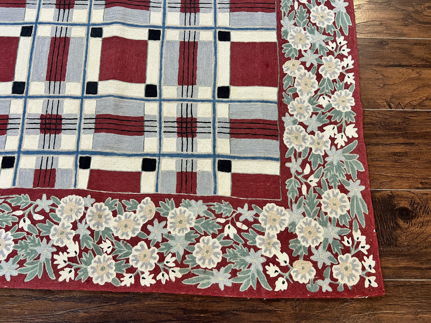 Indian Hand Stitched Rug 4x6, Vintage Carpet, Checkerboard Floral Pattern, Maroon Ivory, Flatweave, Wool - Nuvé