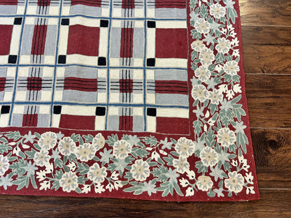 Indian Hand Stitched Rug 4x6, Vintage Carpet, Checkerboard Floral Pattern, Maroon Ivory, Flatweave, Wool - Nuvé