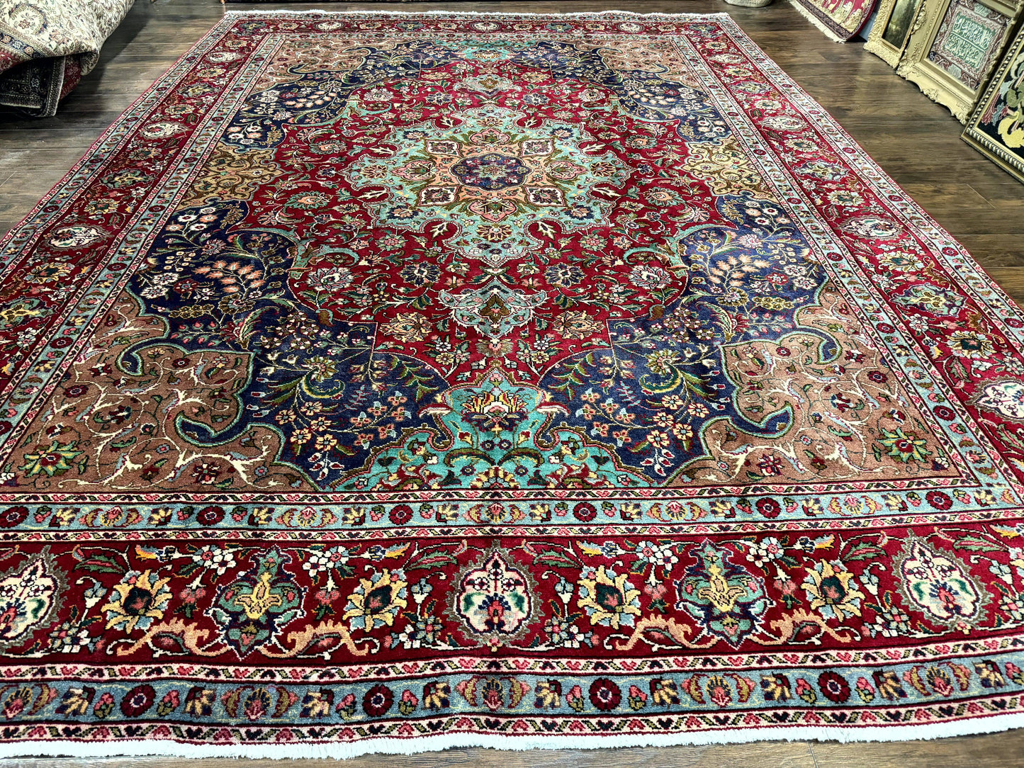 Wonderful Persian Tabriz Rug 10x14, Antique Persian Carpet, Handmade Wool Rug, Floral Medallion, Red Navy Blue, Colorful, Large Persian Area Rug - Nuvé