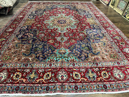 Wonderful Persian Tabriz Rug 10x14, Antique Persian Carpet, Handmade Wool Rug, Floral Medallion, Red Navy Blue, Colorful, Large Persian Area Rug - Nuvé
