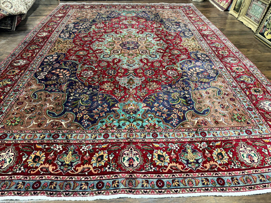 Wonderful Persian Tabriz Rug 10x14, Antique Persian Carpet, Handmade Wool Rug, Floral Medallion, Red Navy Blue, Colorful, Large Persian Area Rug - Nuvé