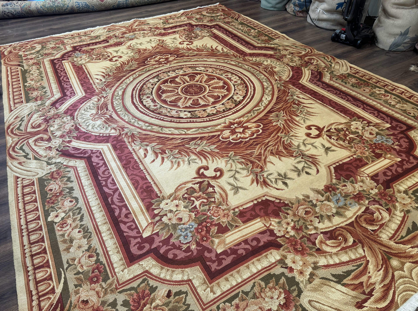 Large Aubusson Rug 10x13, Thick Flatweave Carpet, Elegant European Design, Cream and Raspberry - Nuvé