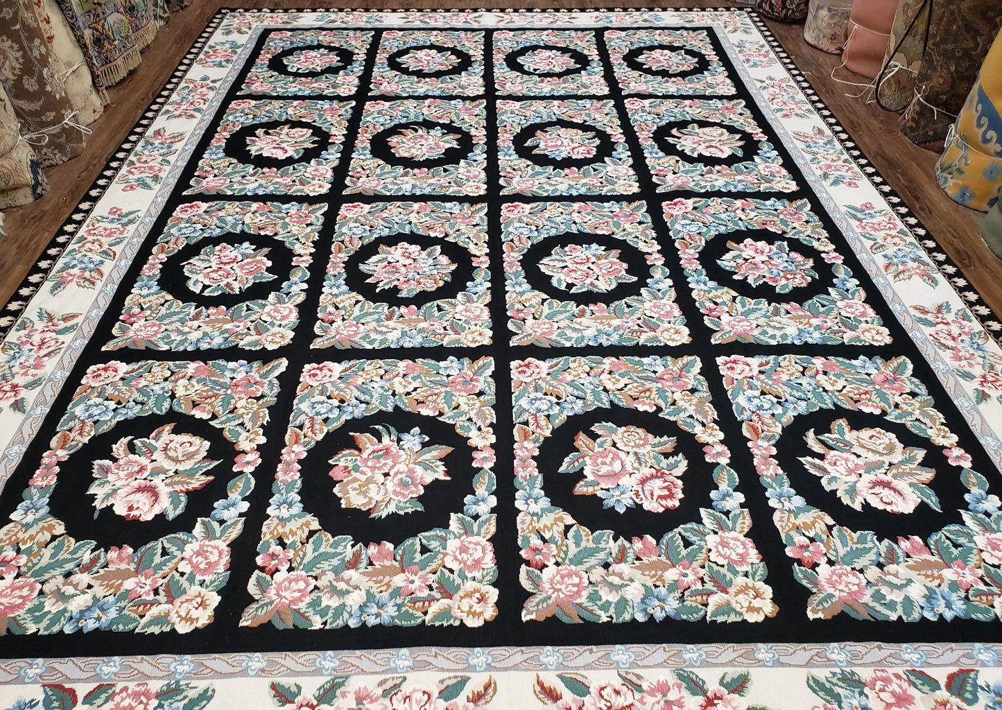 Floral Needlepoint Rug 9.5 x 13.6, Floral Panel Design, Black and Ivory Flatweave Aubusson Carpet, Multicolor - Nuvé