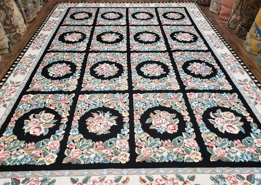 Floral Needlepoint Rug 9.5 x 13.6, Floral Panel Design, Black and Ivory Flatweave Aubusson Carpet, Multicolor - Nuvé
