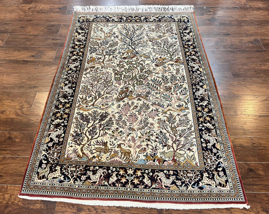 Persian Qum Tree of Life Rug 5x7, Wool and Silk Highlights, Animal Motifs, Vintage Hand Knotted Handmade Cream & Black Fine Oriental Carpet - Nuvé