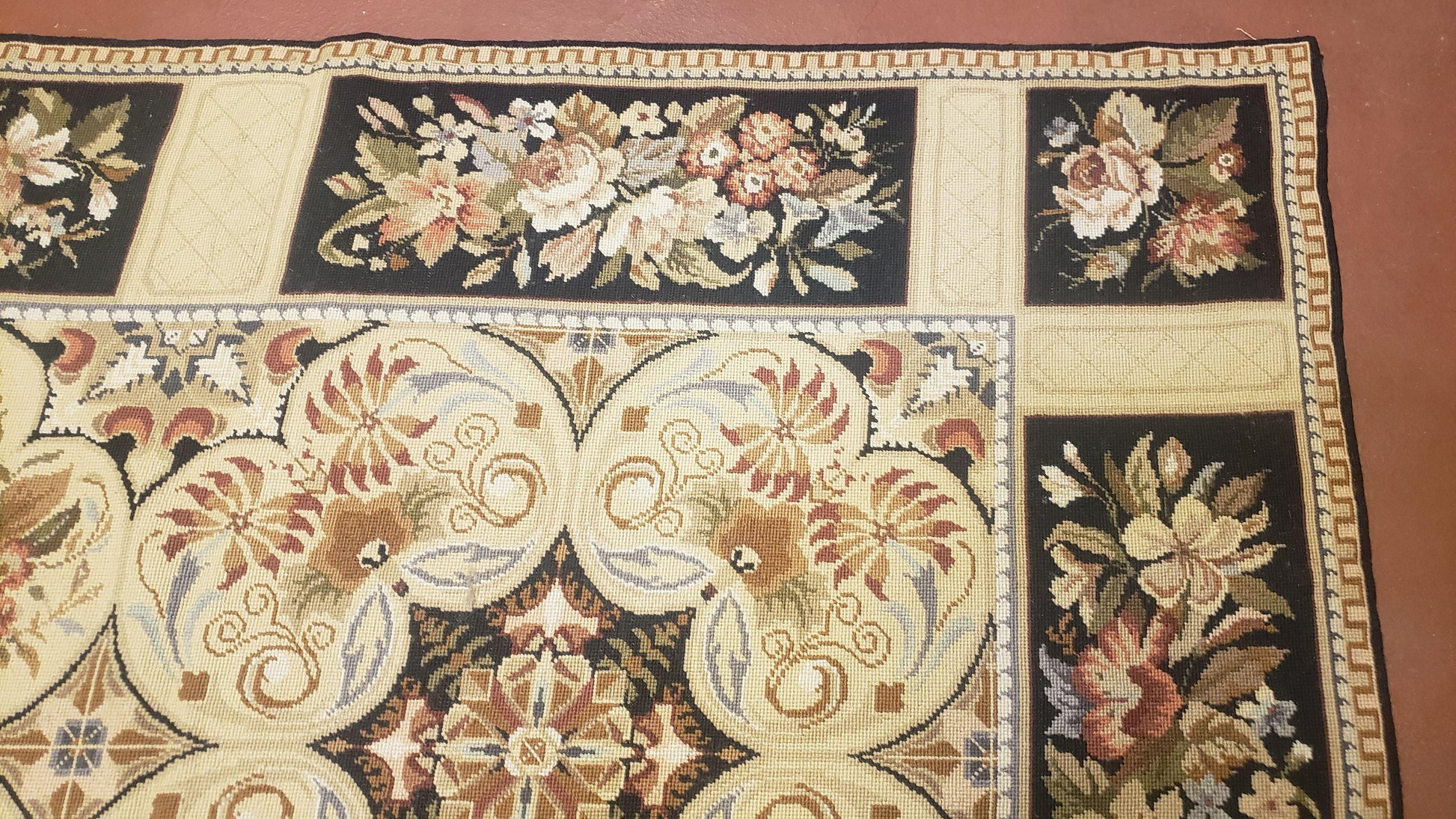 Needlepoint Rug 8x10ft Allover European Design Flowers 100% Wool Hand Knotted Aubusson Area Rug Brand New Flatweave Needle Point Carpet Chic - Nuvé