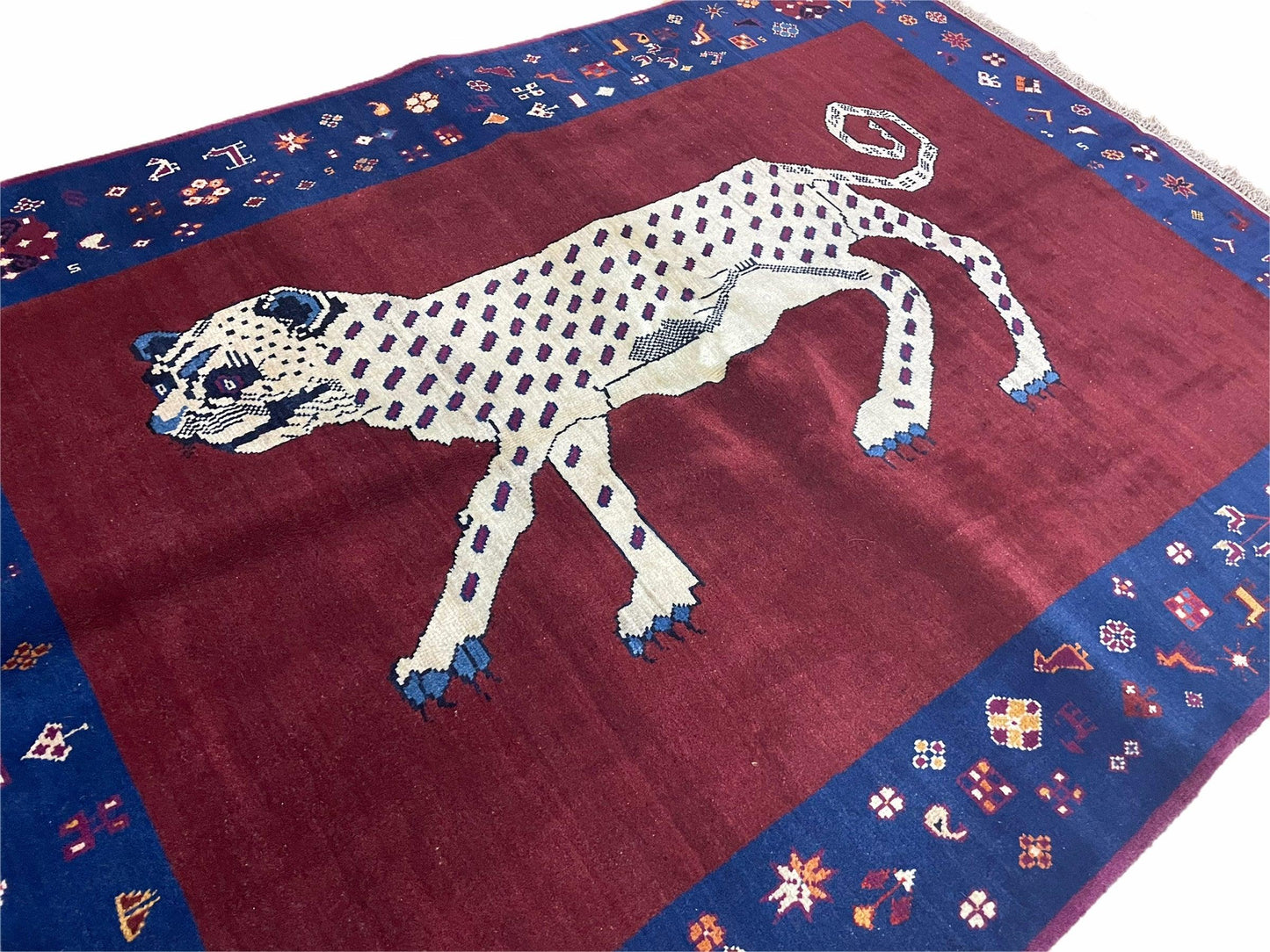 5 X 7 Handmade Zagros Wool Rug Snow White Panther Maroon Blue Organic Dyes - Nuvé