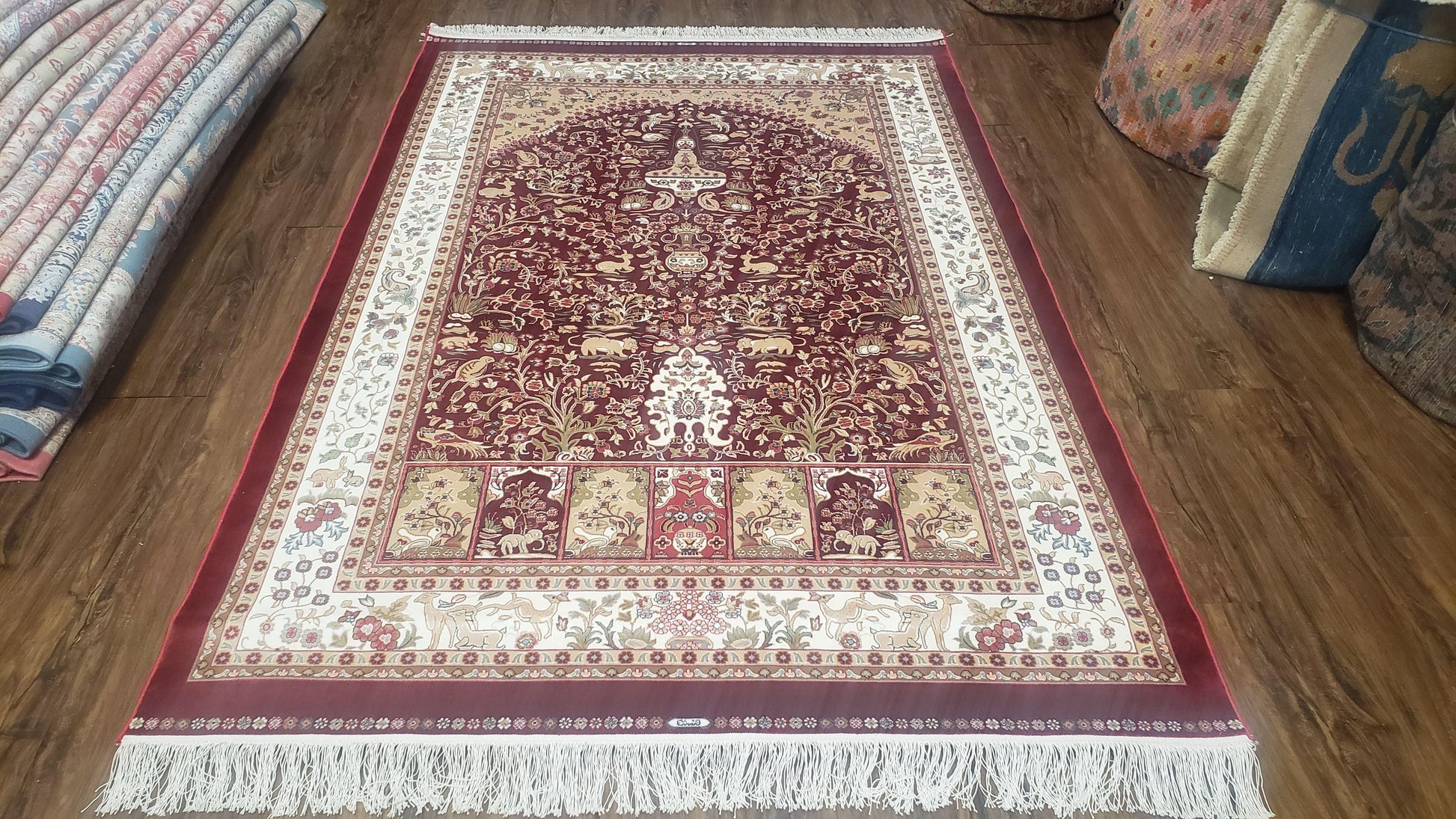 Silk Carpet 4x6 Dark Red & Cream, Tree of Life Rug, Animal Motifs, Birds Deer Rabbits, All Bamboo Silk, 4 x 6 Silk Area Rug - Nuvé