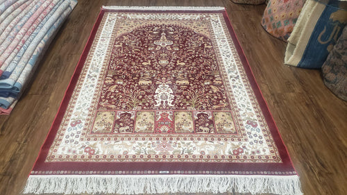Silk Carpet 4x6 Dark Red & Cream, Tree of Life Rug, Animal Motifs, Birds Deer Rabbits, All Bamboo Silk, 4 x 6 Silk Area Rug - Nuvé