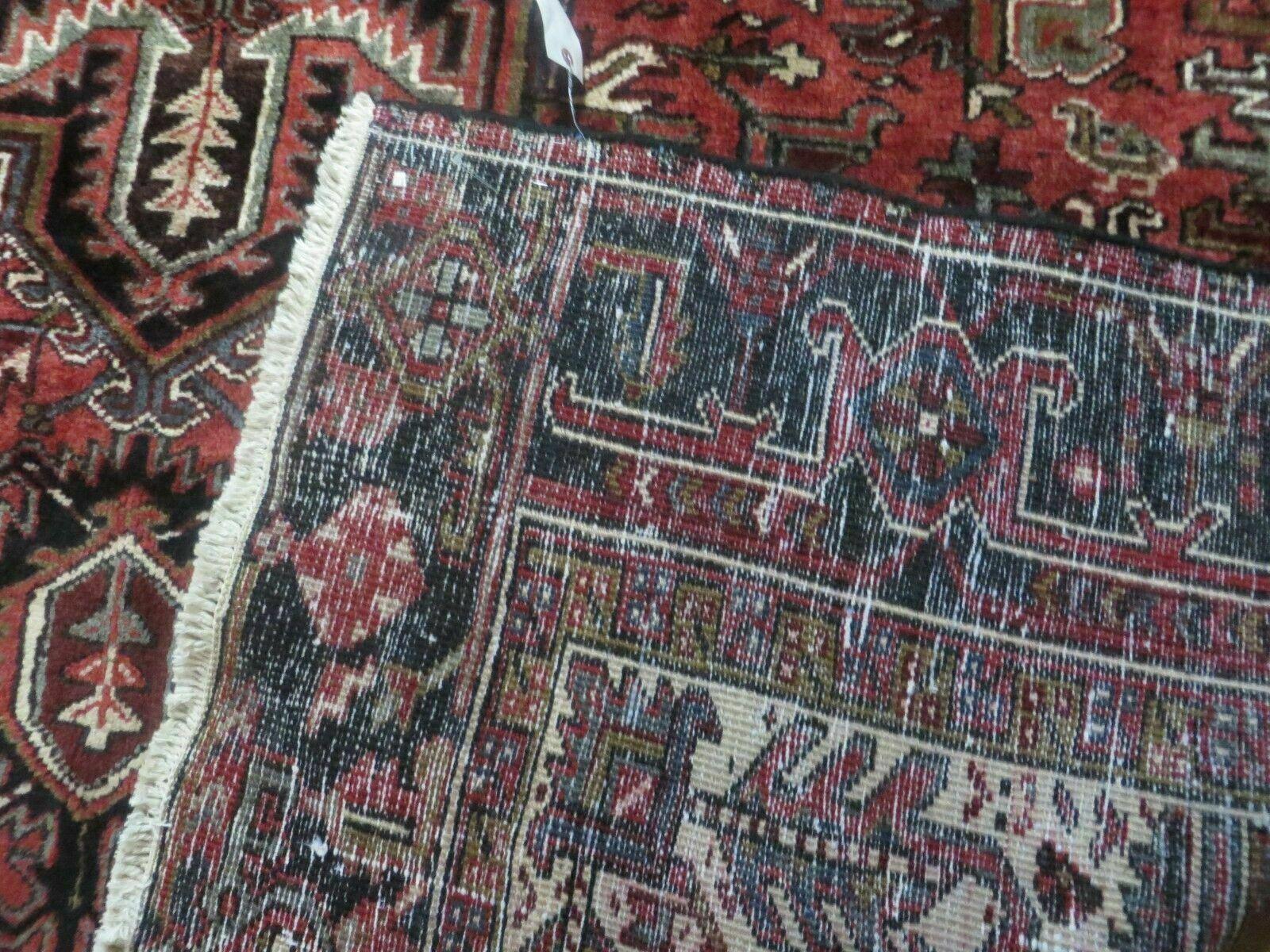 Persian Heriz Rug 8x12 Semi Antique Heriz Carpet, Room Sized Persian Carpet, Geometric Medallion, Wool, Hand Knotted, Red Ivory Dark Blue - Nuvé