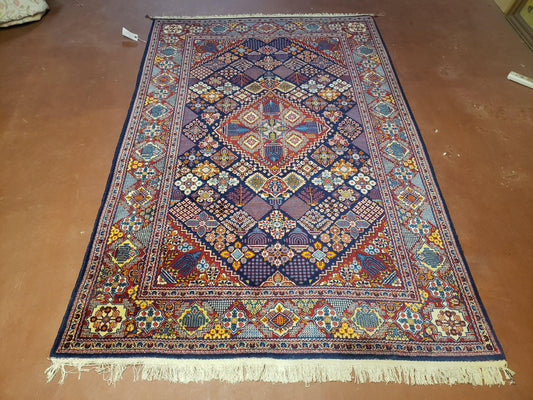 Wonderful Persian Kashan Rug 5x7, Dark Blue and Multicolor Panel Design, Wool Vintage Hand Knotted Carpet - Nuvé