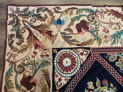 Palace Size Needlepoint Rug 12x20, European French English Aubusson Floral Design, Black and Beige - Nuvé