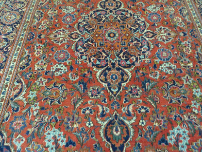 Persian Kashan Rug 4x7, Red and Navy Blue Semi Antique Vintage Wool Oriental Carpet, Hand Knotted Rug, Floral Medallion, High Quality Fine Carpet - Nuvé