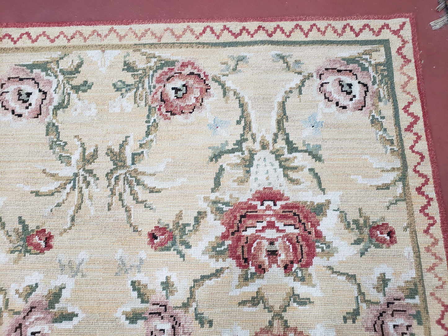 Needlepoint Rug 10x14 Wool Flatweave Carpet, English Floral Pattern, Pale Yellow, Roses, Allover Pattern, Handmade Large Needlepoint Nice - Nuvé