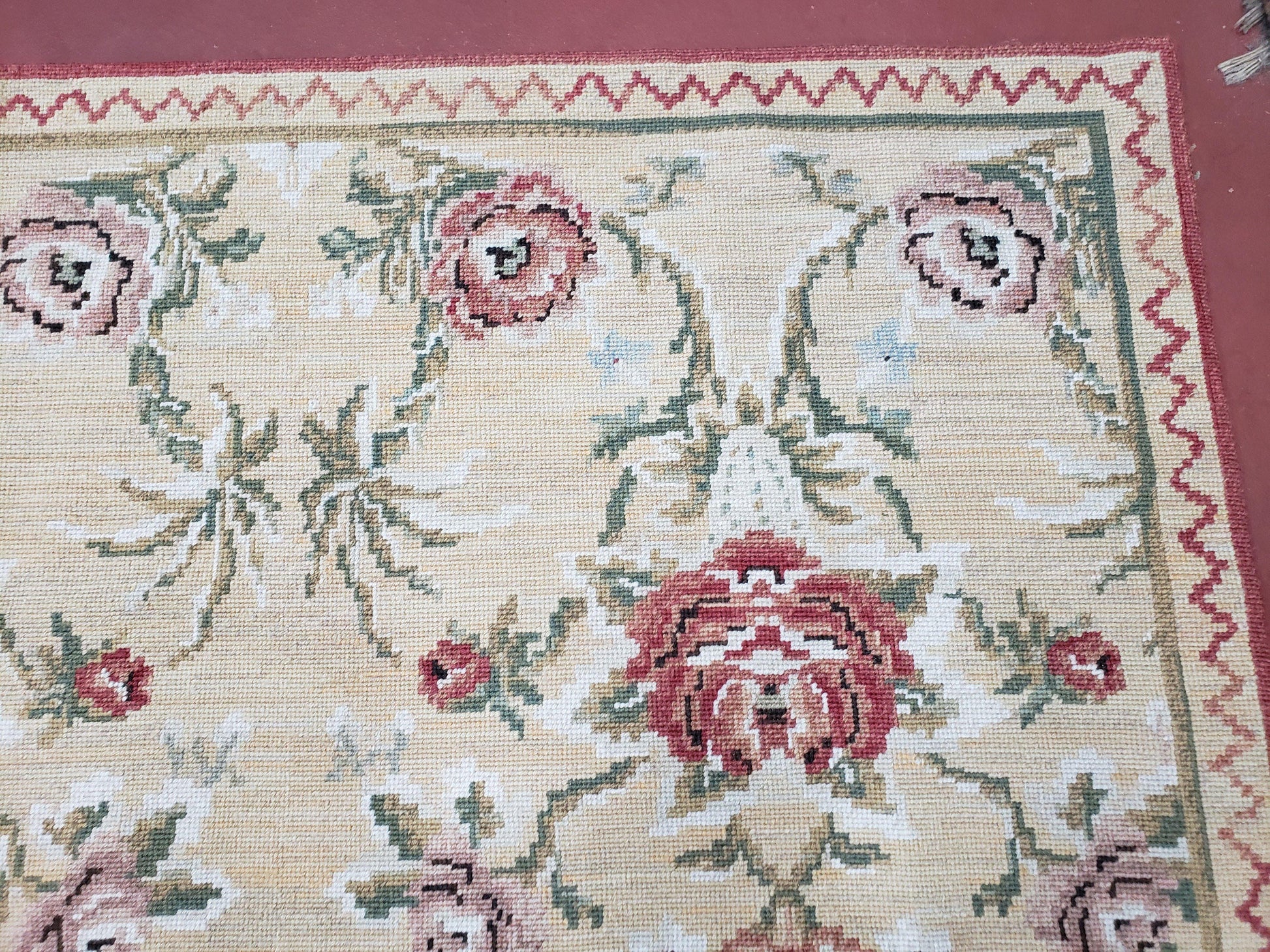 Needlepoint Rug 10x14 Wool Flatweave Carpet, English Floral Pattern, Pale Yellow, Roses, Allover Pattern, Handmade Large Needlepoint Nice - Nuvé