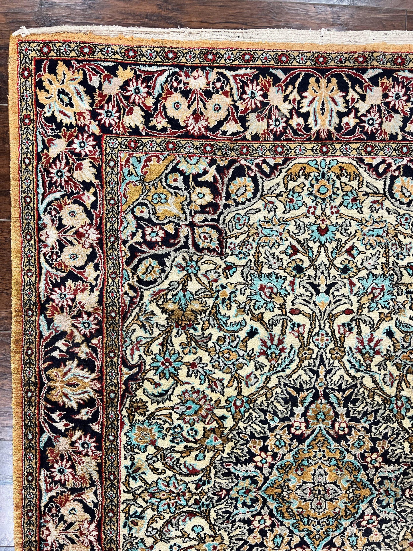 Silk Persian Qum Rug 4x5, Hand Knotted Vintage Carpet, Cream & Navy Blue, Silk Pile on Silk Foundation, Very Fine 360 KPSI - Nuvé