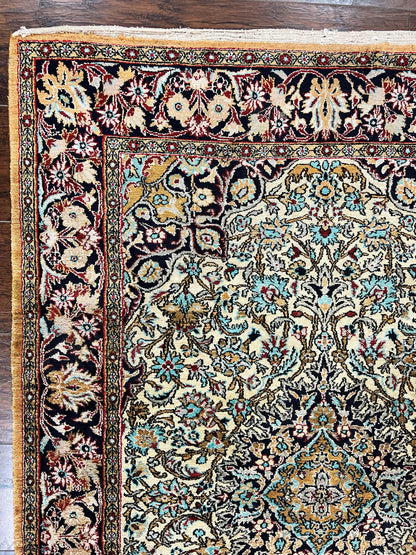 Silk Persian Qum Rug 4x5, Hand Knotted Vintage Carpet, Cream & Navy Blue, Silk Pile on Silk Foundation, Very Fine 360 KPSI - Nuvé