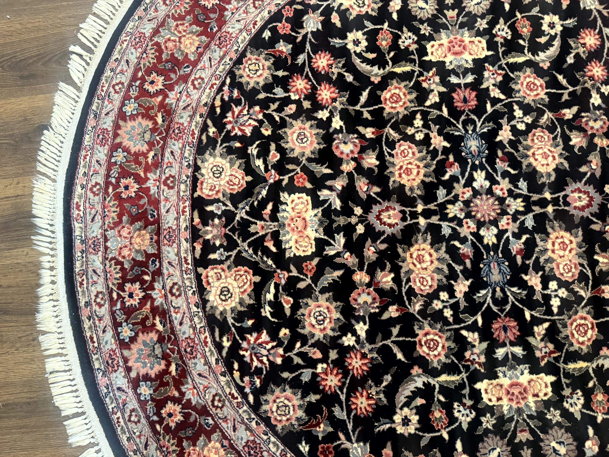 Round Sino Persian Rug 6x6, Floral, Navy Blue and Red, Wool and Silk Highlights - Nuvé