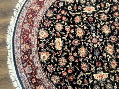 Round Sino Persian Rug 6x6, Floral, Navy Blue and Red, Wool and Silk Highlights - Nuvé