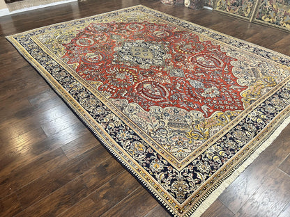 Wonderful Persian Qum Rug 10x14, Wool w/ Silk Highlights, Hand Knotted Semi Antique Vintage Carpet, Red, Floral, Fine Weave, Birds Deer Pictorials - Nuvé