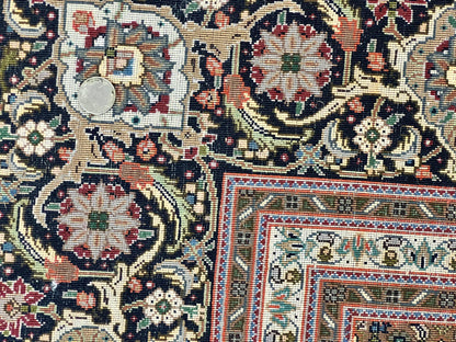 Persian Tabriz Rug 7x10, Very Fine 330 KPSI 50 Raj, Black and Beige, Handmade Wool Vintage Persian Carpet - Nuvé