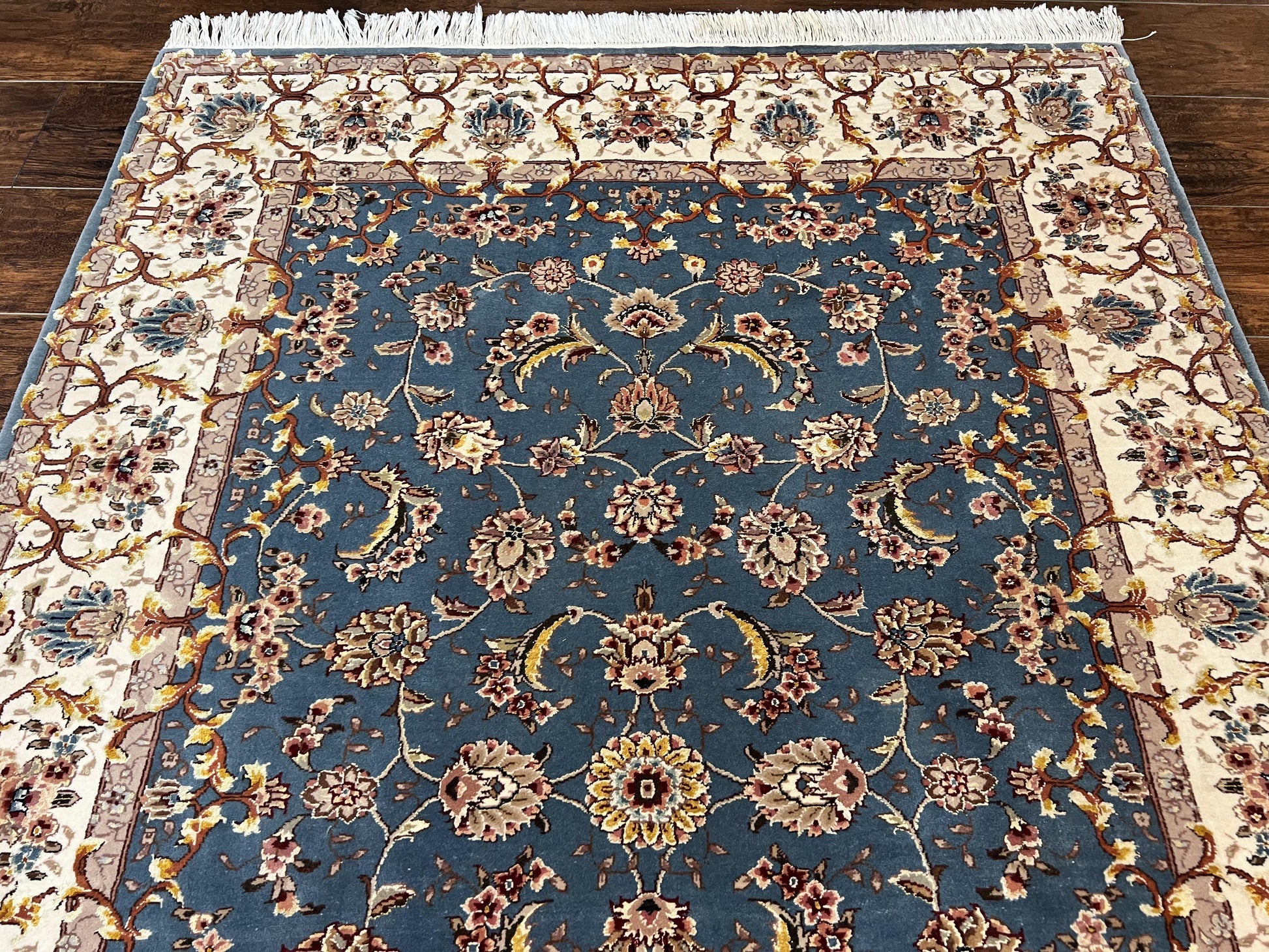 Sino Persian Rug 4x6, Very Fine Oriental Carpet, Handmade Rug 4 x 6, Floral Allover Vintage Traditional Wool & Silk Highlights, 200 KPSI - Nuvé