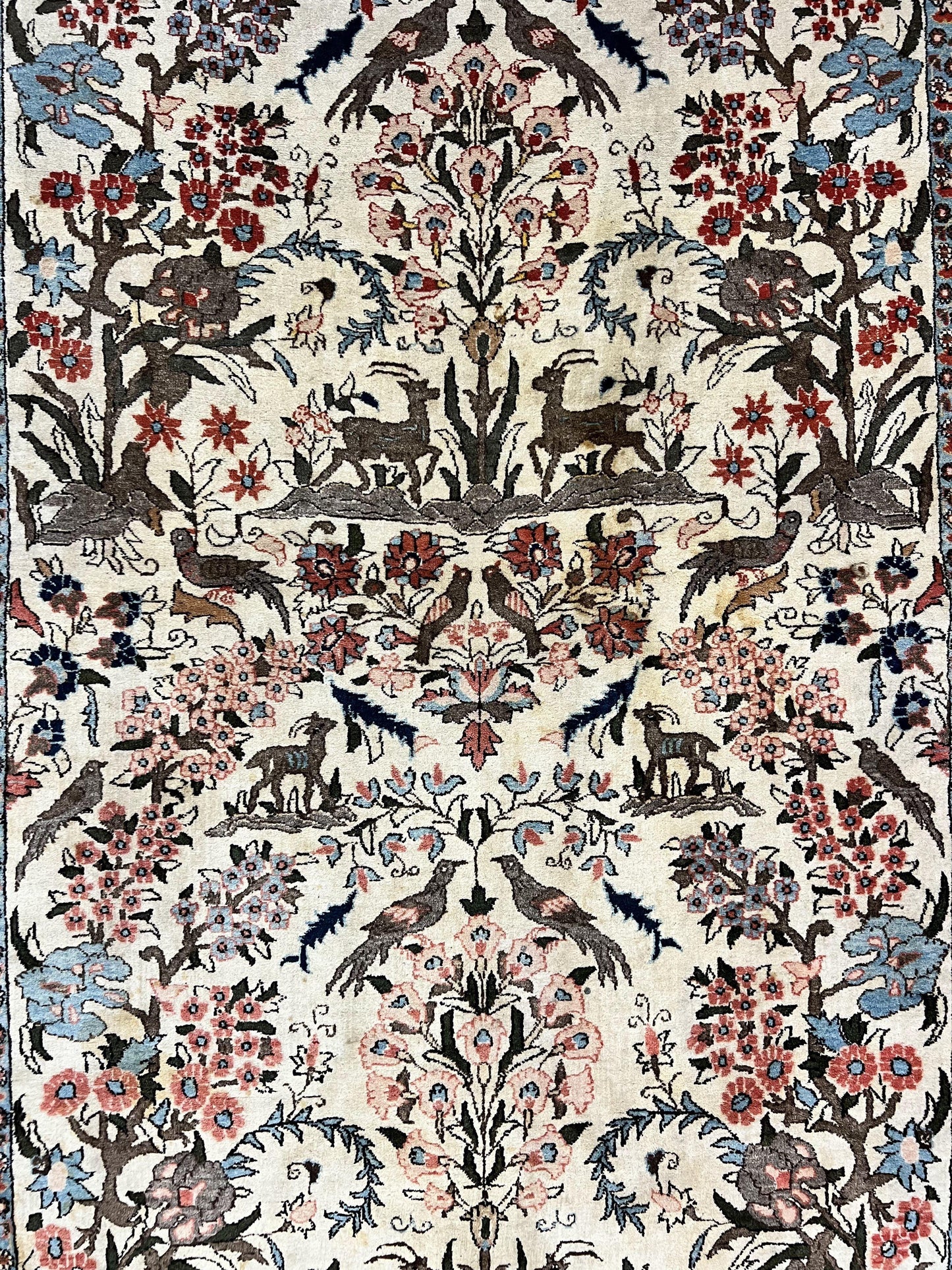 Persian Tree of Life 5x7, Qum Rug, Animal Motifs, Deer Birds, Fine 225 KPSI, Semi Antique Vintage Handmade Wool Rug, Cream Red - Nuvé