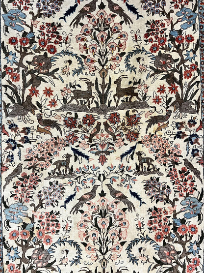 Persian Tree of Life 5x7, Qum Rug, Animal Motifs, Deer Birds, Fine 225 KPSI, Semi Antique Vintage Handmade Wool Rug, Cream Red - Nuvé