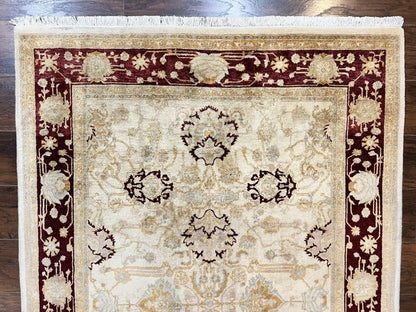 Peshawar Rug 5x7, Beige and Maroon, Vintage Handmade Wool Traditional Carpet 5 x 7 ft, Pakistani Rug, Agra Pattern, Very Fine 260 KPSI - Nuvé