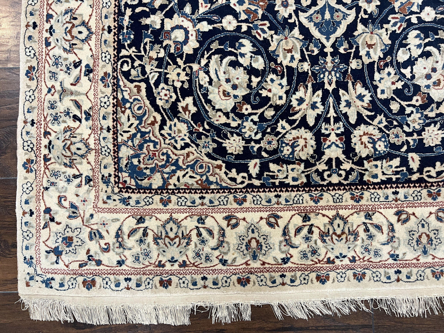 Very Fine Persian Nain Rug 3.7 x 6, Floral Medallion, Wool and Silk Accents, Highly Detailed, Hand Knotted Oriental Carpet, Navy Blue Ivory/Cream - Nuvé